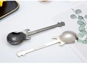 Stainless steel guitar spoon detail view, creative coffee stirring spoon with music theme.