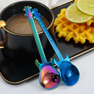 Creative stainless steel guitar shaped coffee spoon set, colorful titanium mixing bar spoons.