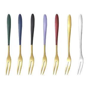 Set di forchette da frutta in acciaio inox, manico colorato, design a due denti per dolci.