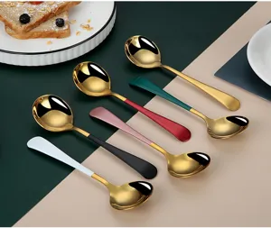 Stainless steel golden round spoon with colorful handle, elegant tableware for home and dessert.