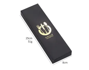 Black gift box packaging detail for stainless steel cutlery set, 25x8cm size and 51g weight.