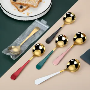 Stainless Steel Round Spoon Korean Style Dessert Melon Spoon Gold Silver Color Handle Kitchen Dining Tableware