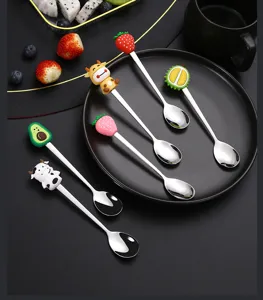 Cute stainless steel cartoon spoon with silicone fruit and animal handle for dessert coffee.