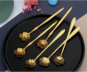 Gold stainless steel cherry blossom long handle spoon coffee dessert stirring spoon 15cm