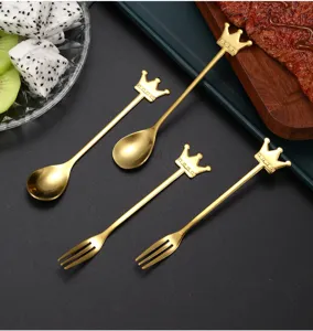 Creative golden crown spoon and fork set for dessert, cake, and coffee stirring, elegant.