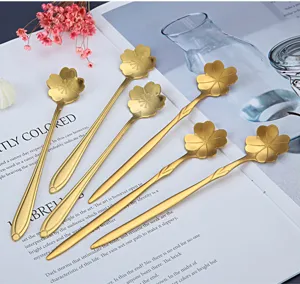 Stainless steel gold flower spoon long handle coffee dessert stirring tableware set 15cm