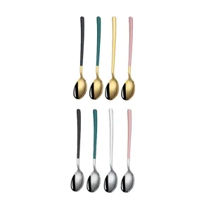 Juego de cucharas de acero inoxidable de mango largo colorido para postre y cocina.