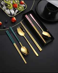 Stainless steel cutlery set fork spoon chopsticks reusable tableware gift box kitchen tools