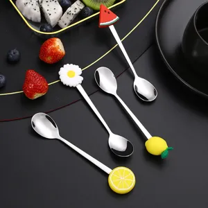 Creative stainless steel cartoon fruit coffee stirring spoon set, cute dessert spoons for home.