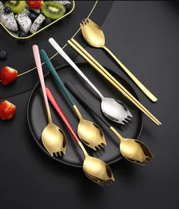 Detailed view of stainless steel fork spoon and chopsticks set with colorful handles.