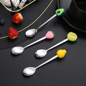 Cute stainless steel fruit spoons with cartoon silicone handles for coffee and dessert stirring.