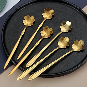 Gold stainless steel cherry blossom spoons, 15cm long handle coffee and dessert stirring tools.