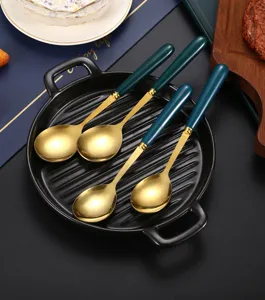 Stainless steel ceramic soup spoon with dark green handle and gold spoon head, 4 pcs.