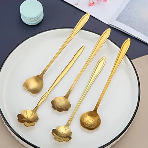 Stainless steel gold spoons set 15cm cherry blossom coffee dessert stirring spoons for gift.