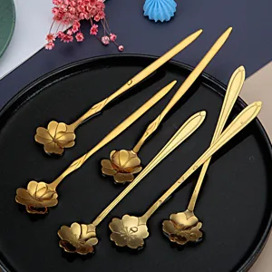 Gold Stainless Steel Cherry Blossom Spoon 15cm Long Handle Coffee Dessert Stirring Spoon