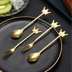 Golden crown stainless steel spoon and fork set elegant dessert cake cutlery table decoration.