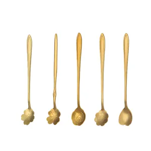 Set of 5 gold stainless steel long handle spoons with floral and heart shapes for coffee, tea, and desserts.