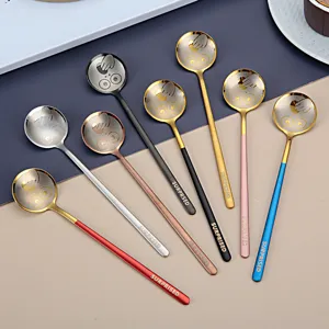 Creative stainless steel coffee spoon, cute cartoon dessert stirring spoon, colorful mug spoon.