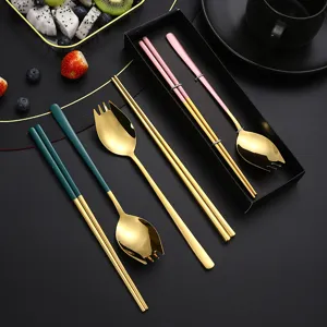 Stainless steel fork spoon chopsticks set, golden Korean portable tableware with gift box.