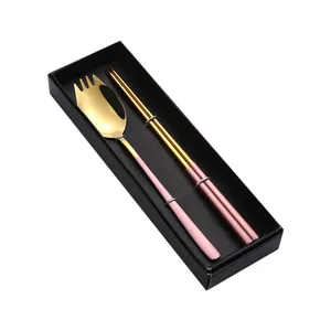 Portable 304 stainless steel fork spoon chopsticks set with gift box for travel dining.