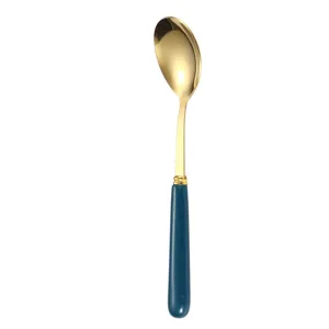 Stainless steel ceramic soup spoon in dark green and gold, single main view display.