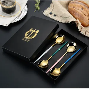 Gold stainless steel spoon set with colorful handles, European style tableware for kitchen.