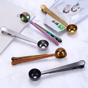 Stainless steel coffee measuring spoon with sealing clip, multi-functional kitchen baking tool.