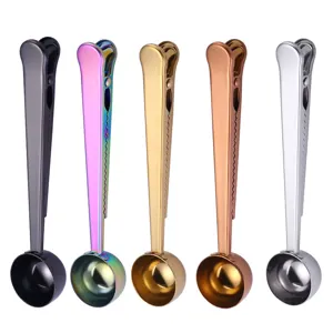 Stainless steel coffee measuring spoon with sealing clip, 5 colors multi-function baking tool