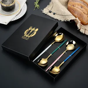 Portuguese style stainless steel golden spoon set with colorful handles for kitchen table