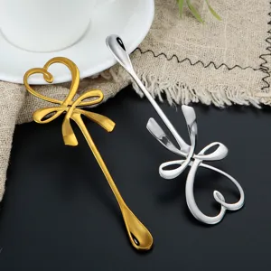Cuillère à café en acier inoxydable avec nœud cœur mignon, or et argent, cadeau parfait.