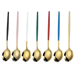 Luxury stainless steel gold round spoon set with colorful long handles tableware pack