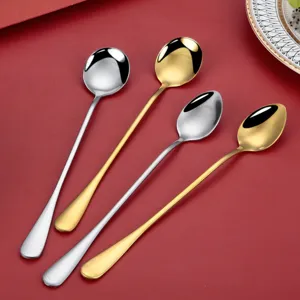 Cuillère à long manche en acier inoxydable, élégante cuillère à café dorée et argentée.