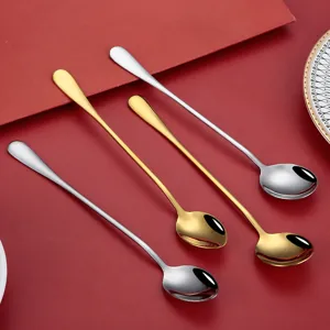 Set de cuillères à long manche en acier inoxydable, or et argent, idéal pour café et boissons.