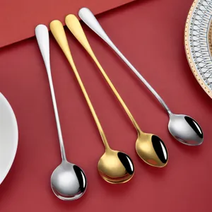 Set de cuillères à long manche en acier inoxydable, cuillères à café dorées et argentées.
