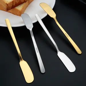 Stainless steel butter knife set with long handle for spreading jam, cream and baking pastries.
