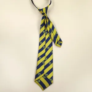 Children striped pre-tied necktie detail view, short kids school uniform elastic tie.