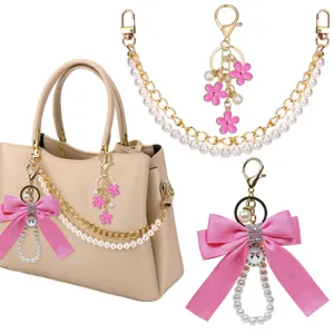 Parel dubbele ketting tas riem roze strik hangende bloem handtas accessoire elegante.