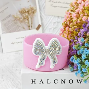 Pink silicone cup sleeve with rhinestone bow Stanley cup accessory protector 7.5cm