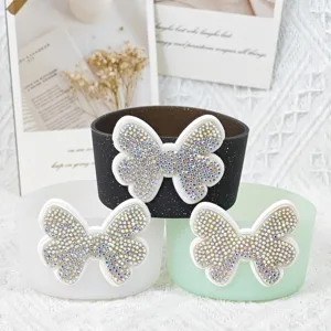 Silicone cup sleeve set with sparkling rhinestone bow, anti-slip Stanley tumbler accessories
