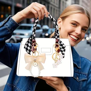 Witte handtas bedelset met zwart-witte sjaal en bloem sleutelhanger accessoires.