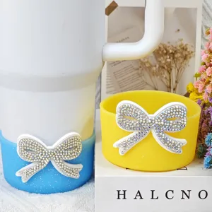 Silicone cup sleeve and boot with rhinestone bow for Stanley tumblers, 7.5cm protective cover.
