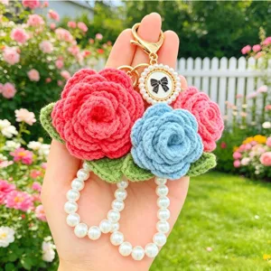 Handgemachte Geknüpfte Rosenblüte Schlüsselanhänger Mit Künstlicher Perlenkette Niedlicher Blumen Taschsenanhänger Vintage Geldbörsen Anhänger Geschenk