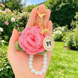 Handgefertigter Häkelrosen-Schlüsselanhänger mit Perlenkette und niedlicher Schleife.