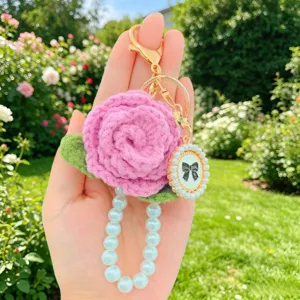 Handgefertigter Häkel-Rosen-Schlüsselanhänger mit Perlenband und Vintage-Schleifen-Anhänger.