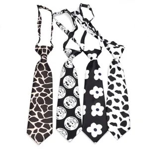 Kids Cute Pre Tied Short Necktie Black And White Animal Cartoon Floral Print Student Fashion Neck Tie Accessory