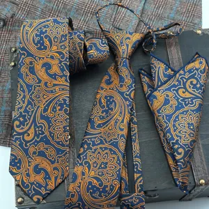 Men's Retro Paisley Jacquard Tie Pocket Square Set Luxury Blue Gold Business Formal Suit Necktie Wedding Party