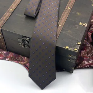 Brown patterned silk necktie with classic blue floral design for men's business suit wear.