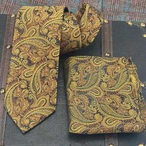 Men's Formal Paisley Jacquard Necktie Pocket Square Set Vintage Yellow Green Polyester Business Wedding Suit Accessories