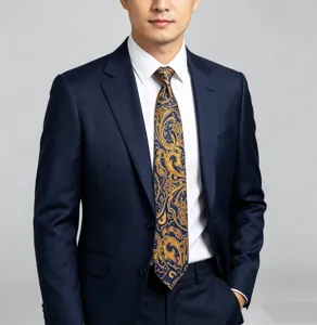 Detail shot of luxury blue and gold paisley silk tie, elegant vintage court style accessory.