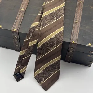 Detailed view of a brown paisley striped necktie, vintage business style fabric accessory.
